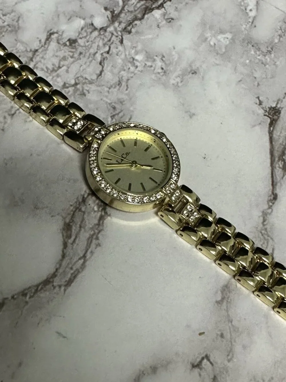 3/$30 L & Co Watch Women Gold Tone Round Dial Crystal Bezel New Battery 7.25